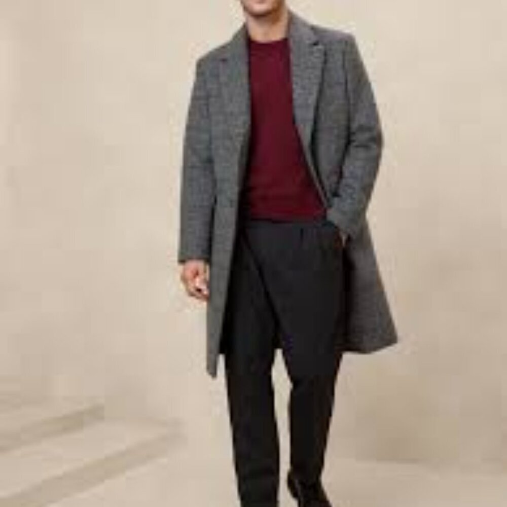 Banana Republic Gray Plaid Wool-Blend Preppy Business Top Coat Men's Size Medium